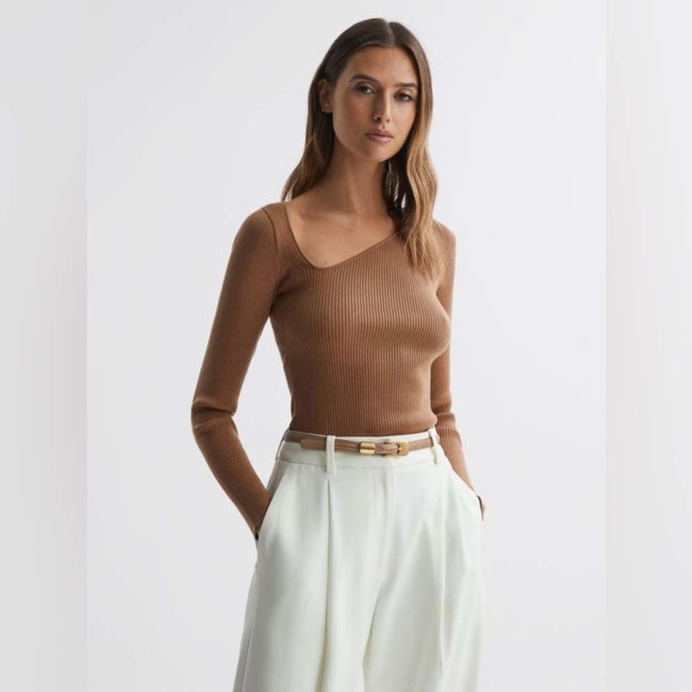 REISS $145 SASHA FITTED RIBBED ASYMMETRIC NECK T-SHIRT XL